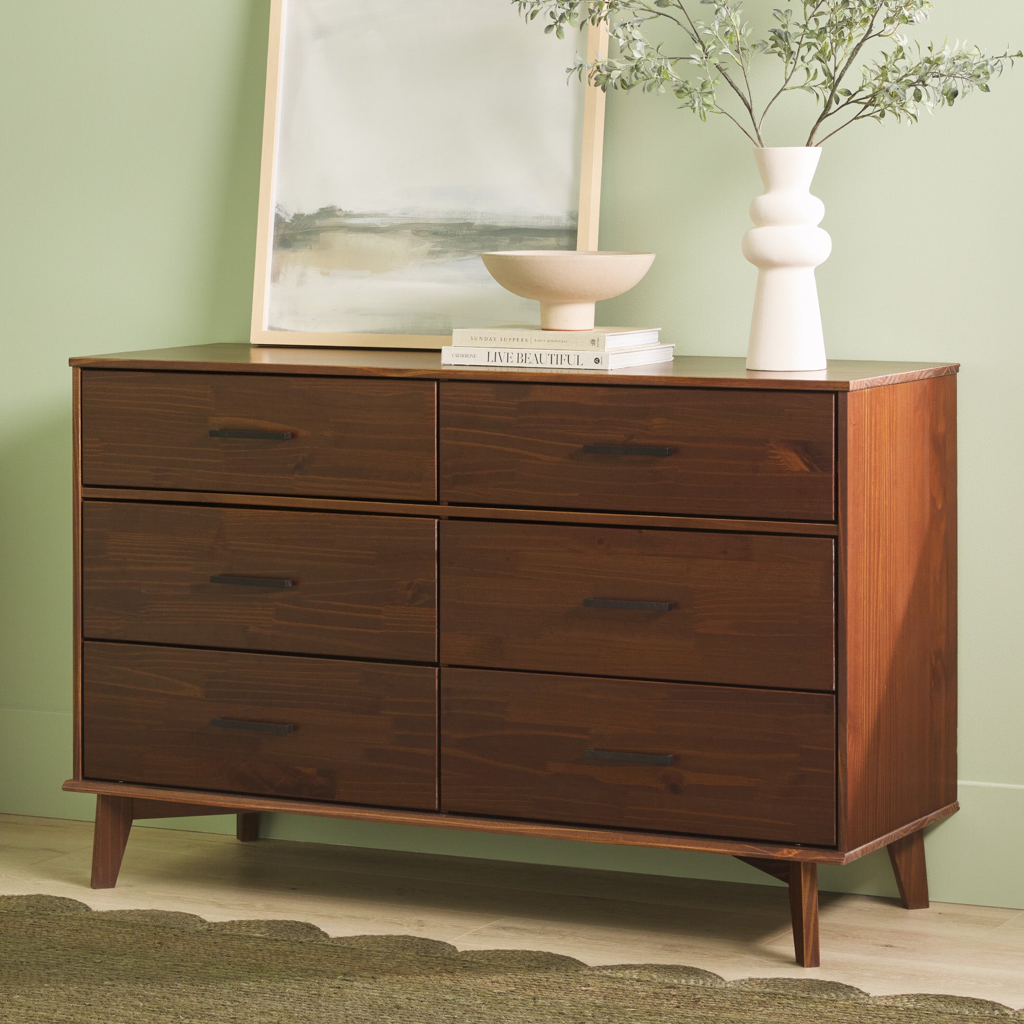 sloane mid century modern solid wood dresser Sloane Natural Pine 6-Drawer Wood Mid-Century Modern Solid Wood 52 in. Dresser century modern design featuring angled legs and cutout handles of solid pine wood in a stained finish 6-drawer caramel mid century modern