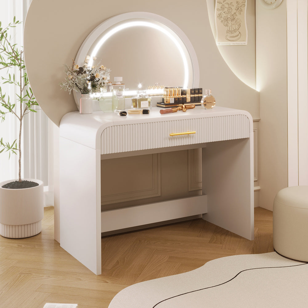 vanity dressing table design Modern Makeup Vanity Table with 27"x20" Lighted Mirror, 41" Wide Desktop, Left Drawer and Stool, Ideal for Large Rooms