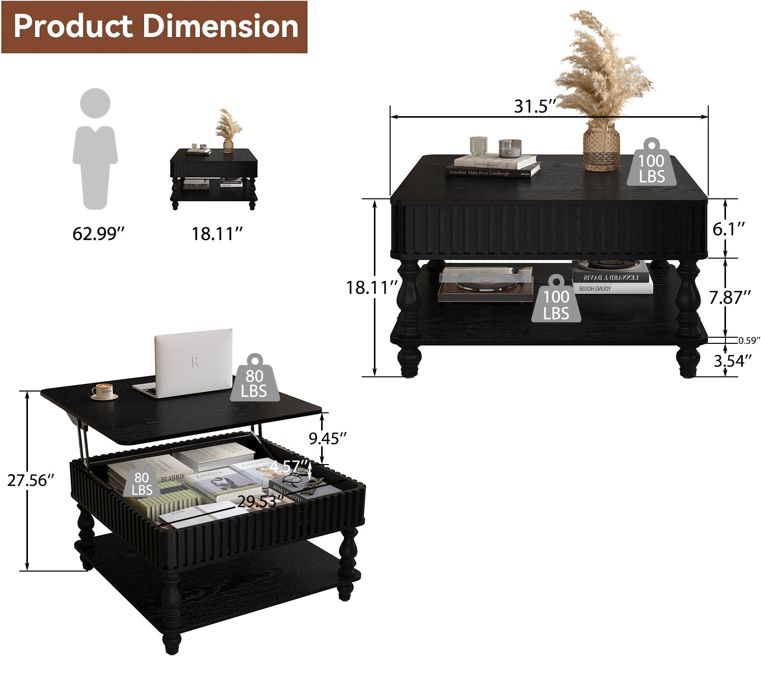 Walker Edison | Lift-Top Elevated Traditional Fluted Coffee Table