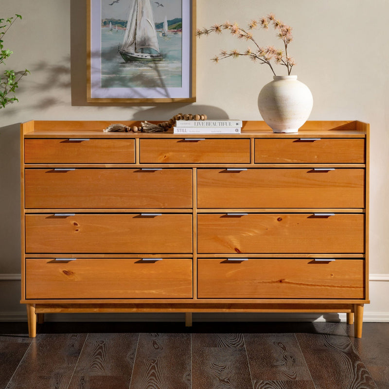 Lee Mid-Century Modern Wood Dresser Bedroom Walker Edison 9-Drawer Dresser Caramel 