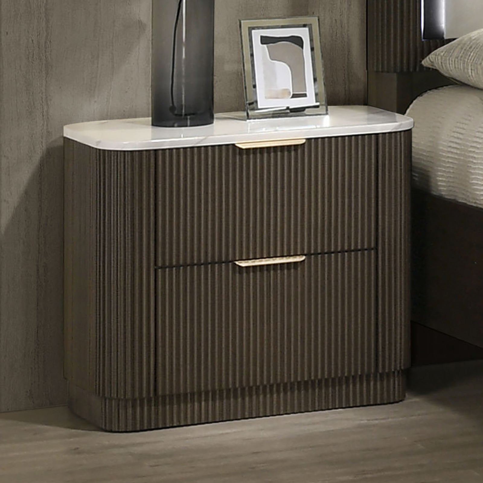 Walker Edison Reeded Marble Top Two Drawer Nightstand - Thumbnail 3
