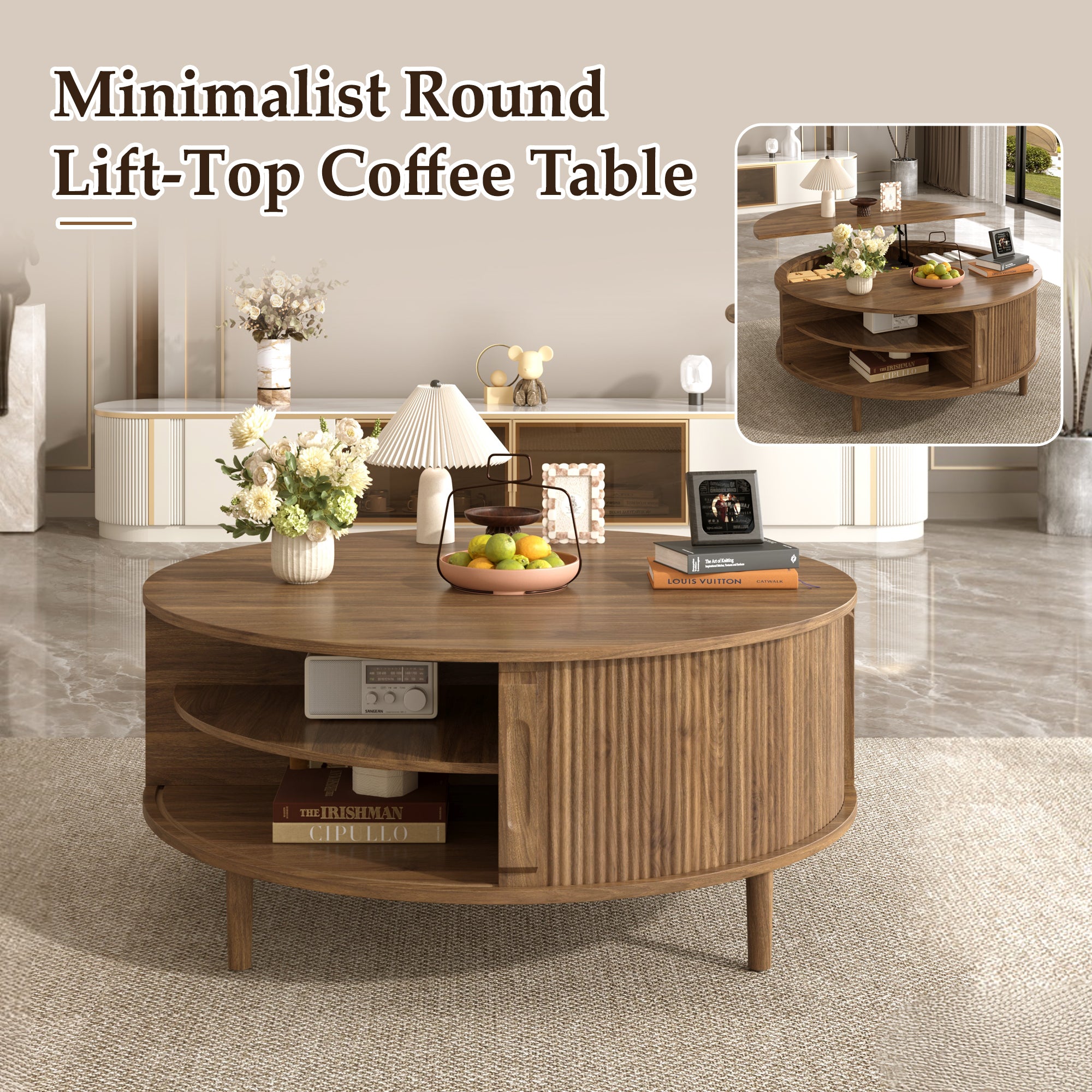 Minimalist Round Lift-Top Coffee Table with Hidden Storage