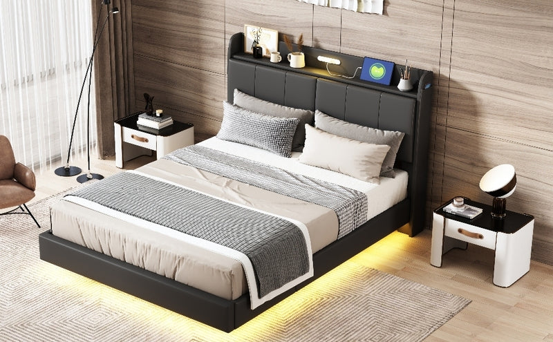 Walker Edison | Modern Upholstered Platform Queen Bed with Floating Bed Frame & Storage Headboard