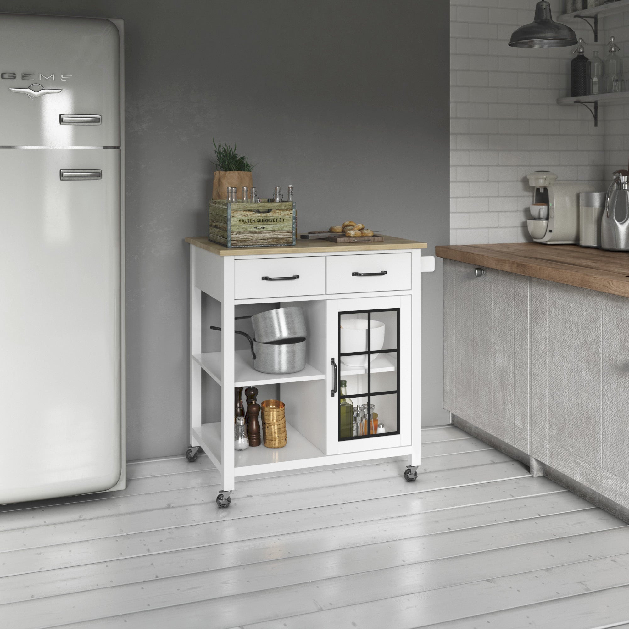 Compact Rolling Kitchen Island Cart with Storage - White