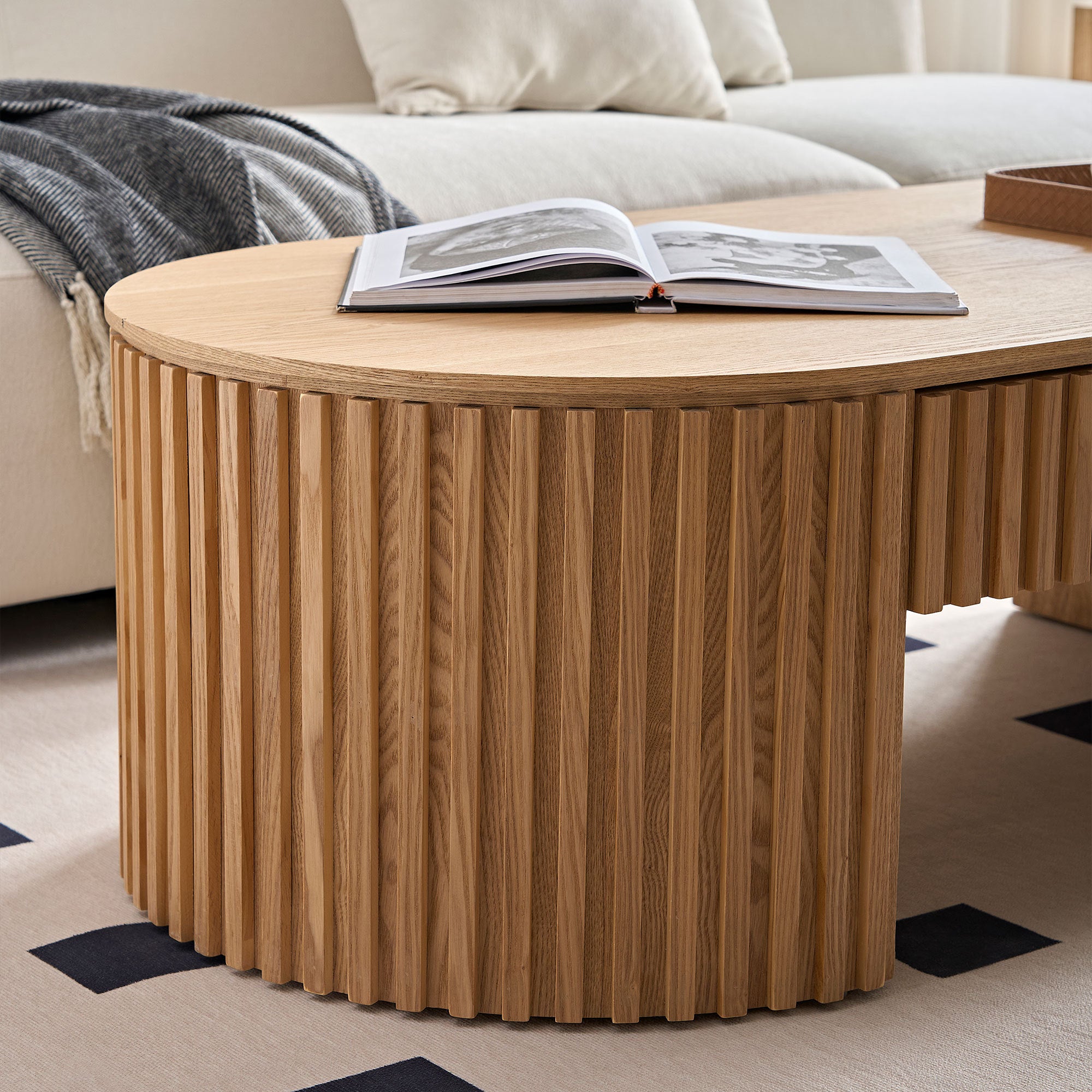 Reeded Natural Oval Wood Coffee Table with Drawer | Walker Edison