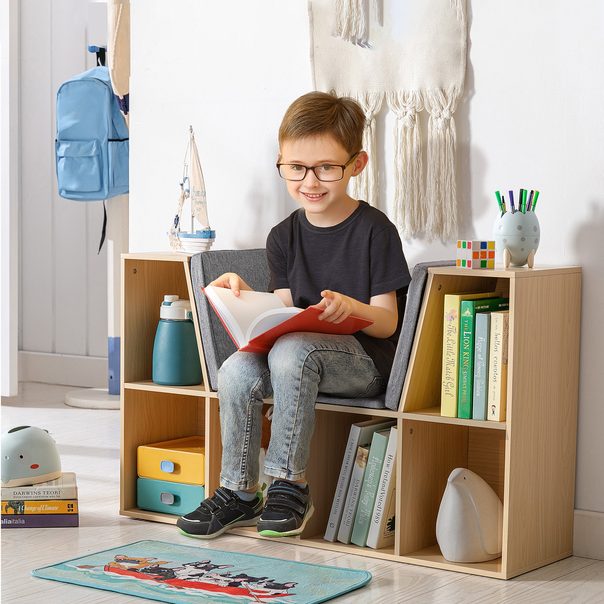 Timber Reading Box Walker Edison | Modern 6 Cubby Natural Wood Reading Nook Bench