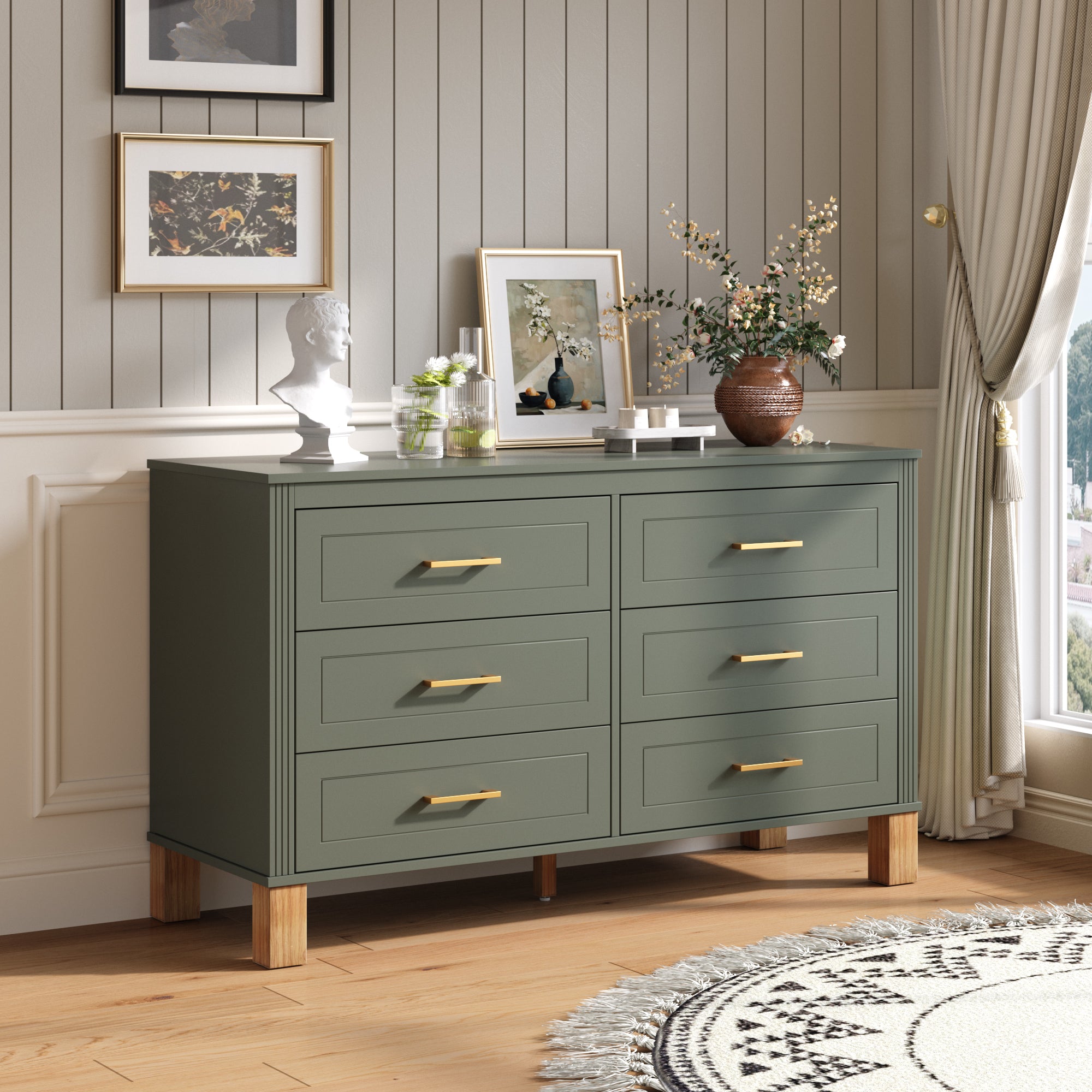 Modern 6-Drawer Dresser with Solid Wood Legs Green