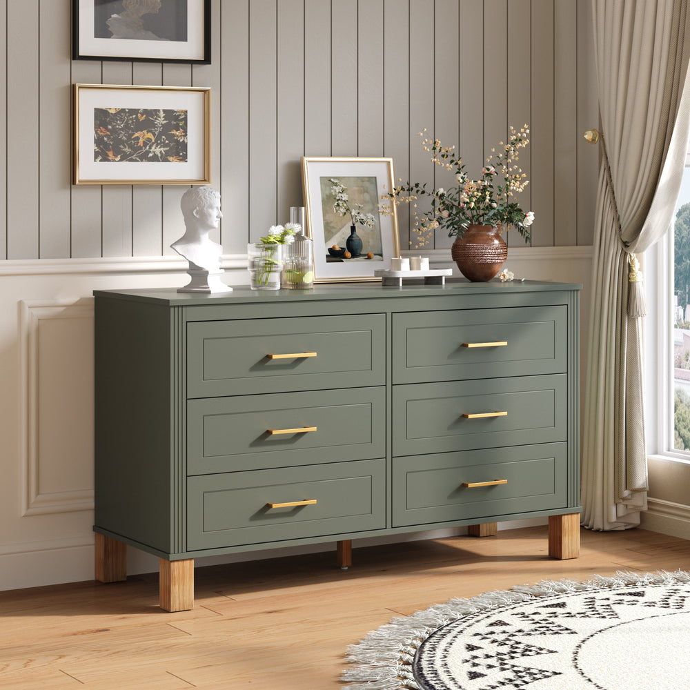 Modern 6-Drawer Dresser with Solid Wood Legs Green