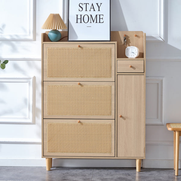 Walker Edison | Rattan Minimalist Entryway Storage Shoe Cabinet