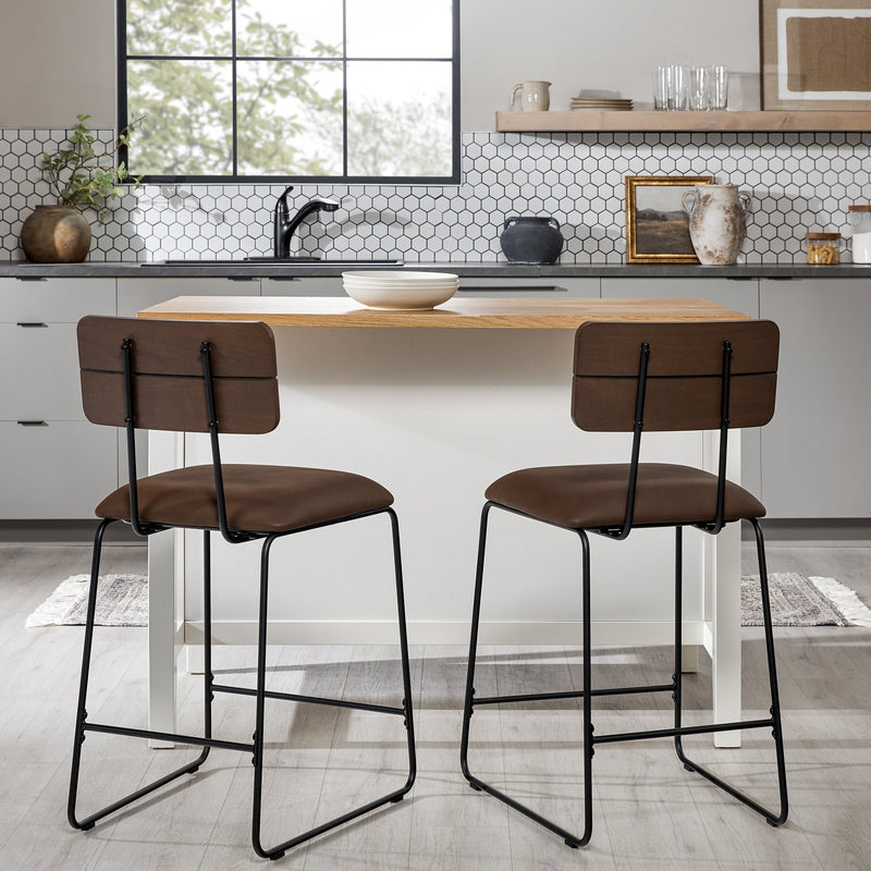 Modern 2-Piece Faux Leather Metal and Wood Counter Stool Set Dining / Kitchen Walker Edison 