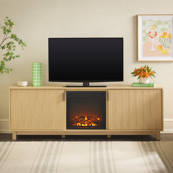 Reema Scandinavian 70" Modern Reeded TV Stand with Freestanding Electric Fireplace