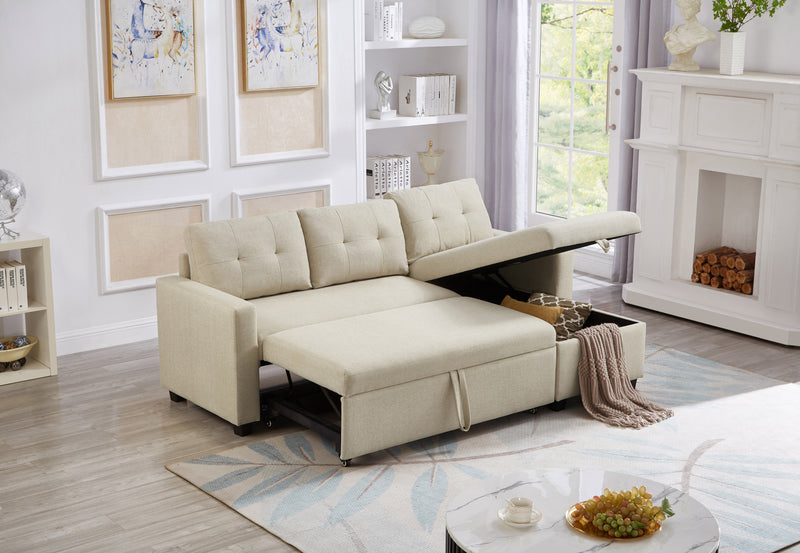 Walker Edison | Linen Pull Out Sectional Sofa with Storage Chaise