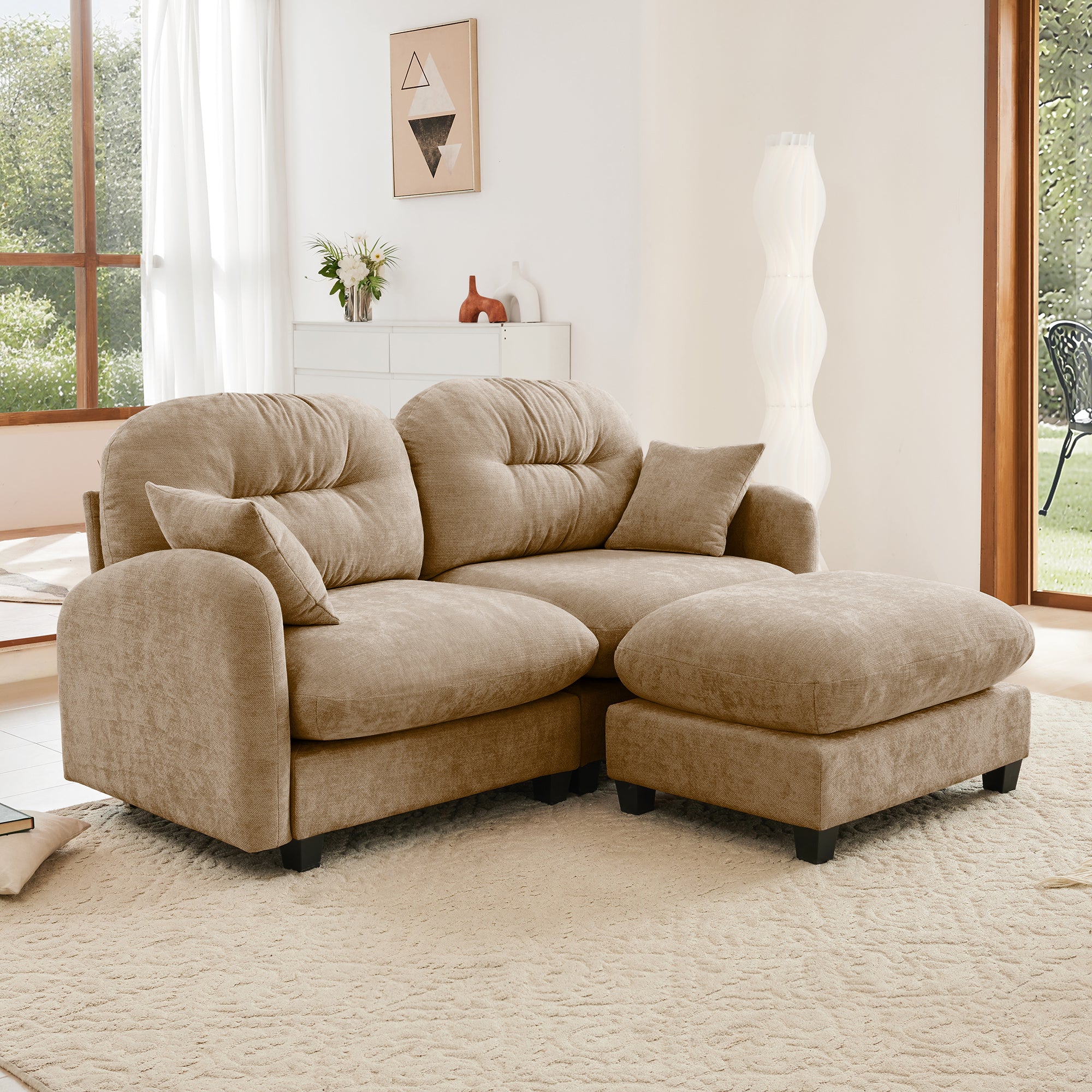 Tufted Chenille Cloud Loveseat Couch with Ottoman | Walker Edison