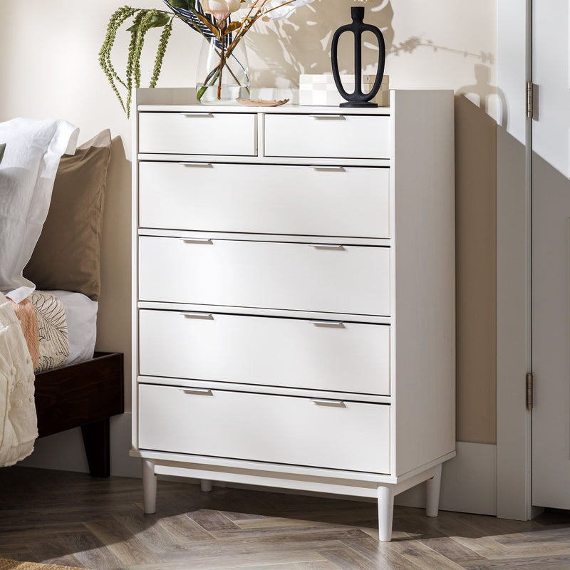 Lee Mid-Century Modern Wood Collection (Nightstand or Dresser) Bedroom Walker Edison 6-Drawer Tall Dresser White 