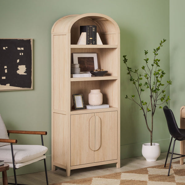 Chantelle Modern Arched Bookshelf with Cabinet Living Room Walker Edison Coastal Oak 