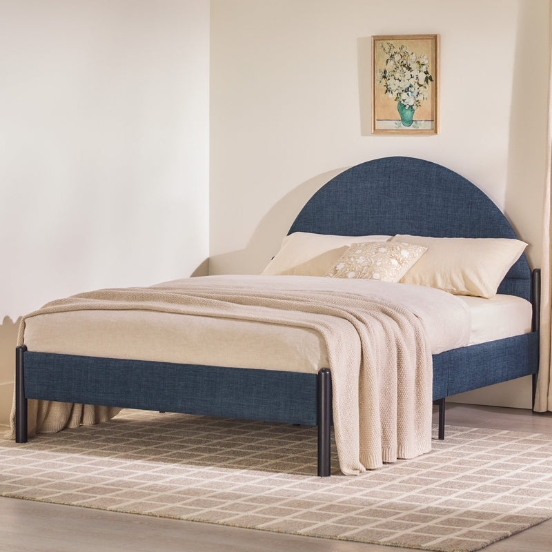 Queen Metal and Upholstered Bed with Arched Headboard Living Room Walker Edison Blue 