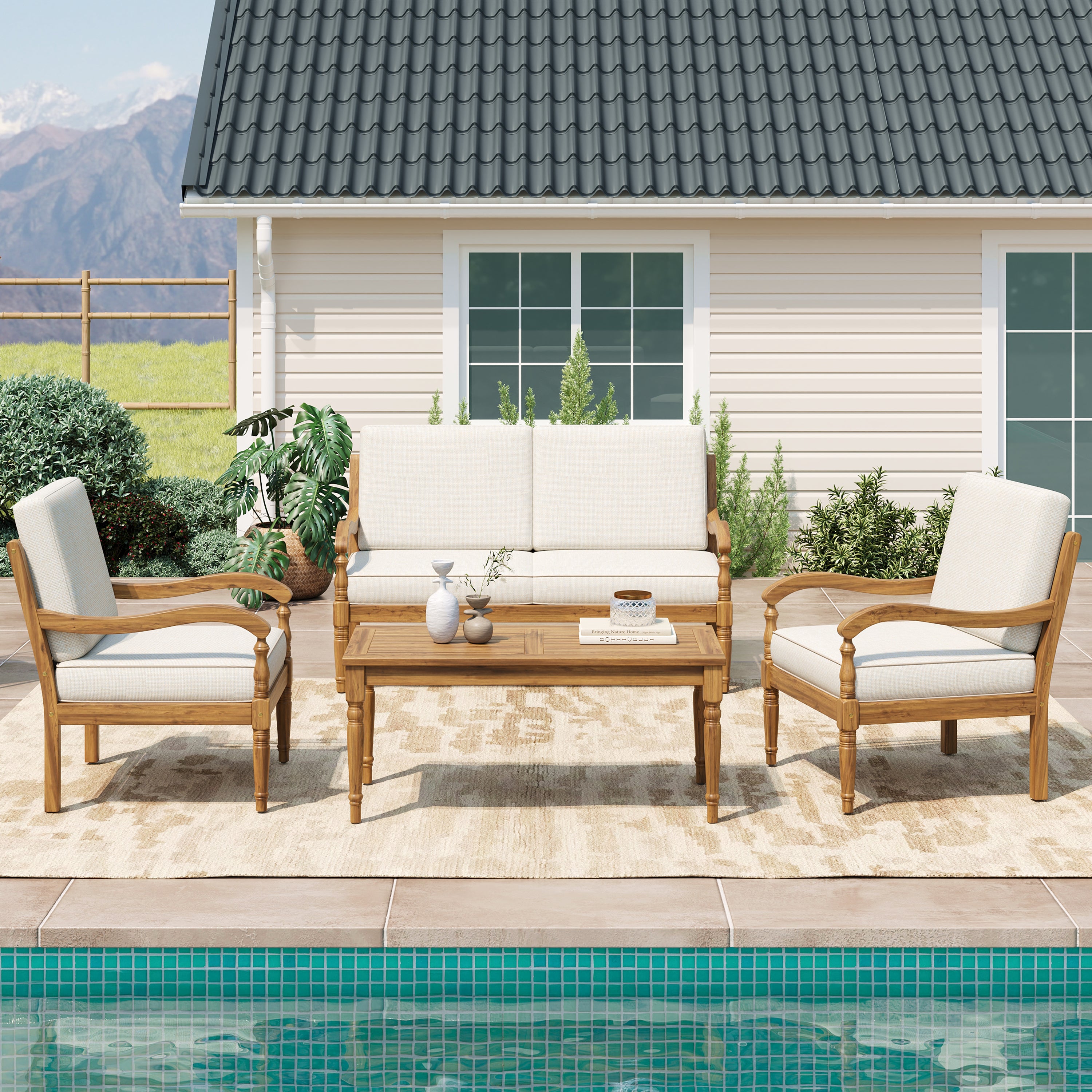 Walker Edison Acacia Wood Patio Sofa - Thumbnail 5