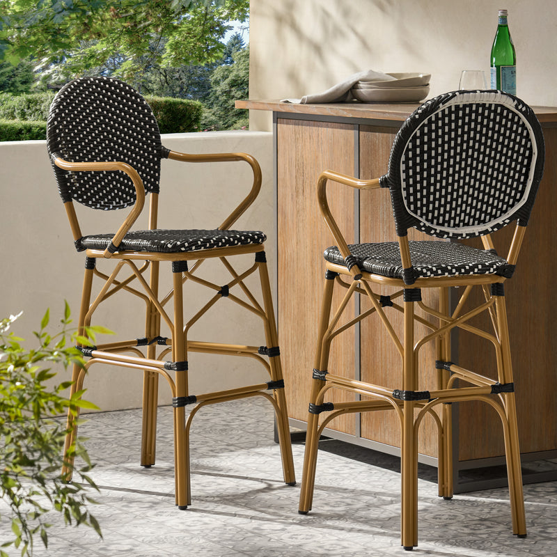 Walker Edison | Outdoor Wicker French Barstools, Set of 2