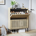 Walker Edison | Stylish Teak and Black Entryway Shoe Cabinet Thumbnail