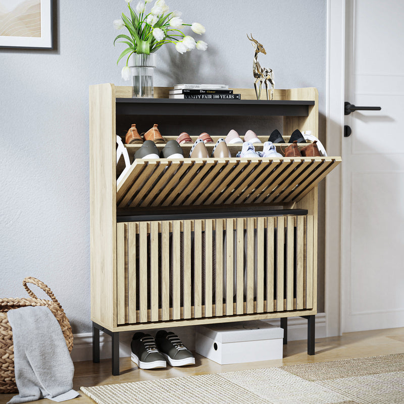 Walker Edison | Stylish Teak and Black Entryway Shoe Cabinet