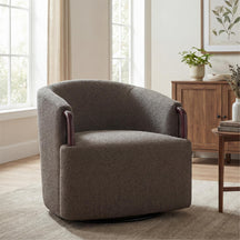 Modern Boucle Swivel Barrel Chair with Solid Wood Accents