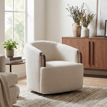 Modern Boucle Swivel Barrel Chair with Solid Wood Accents