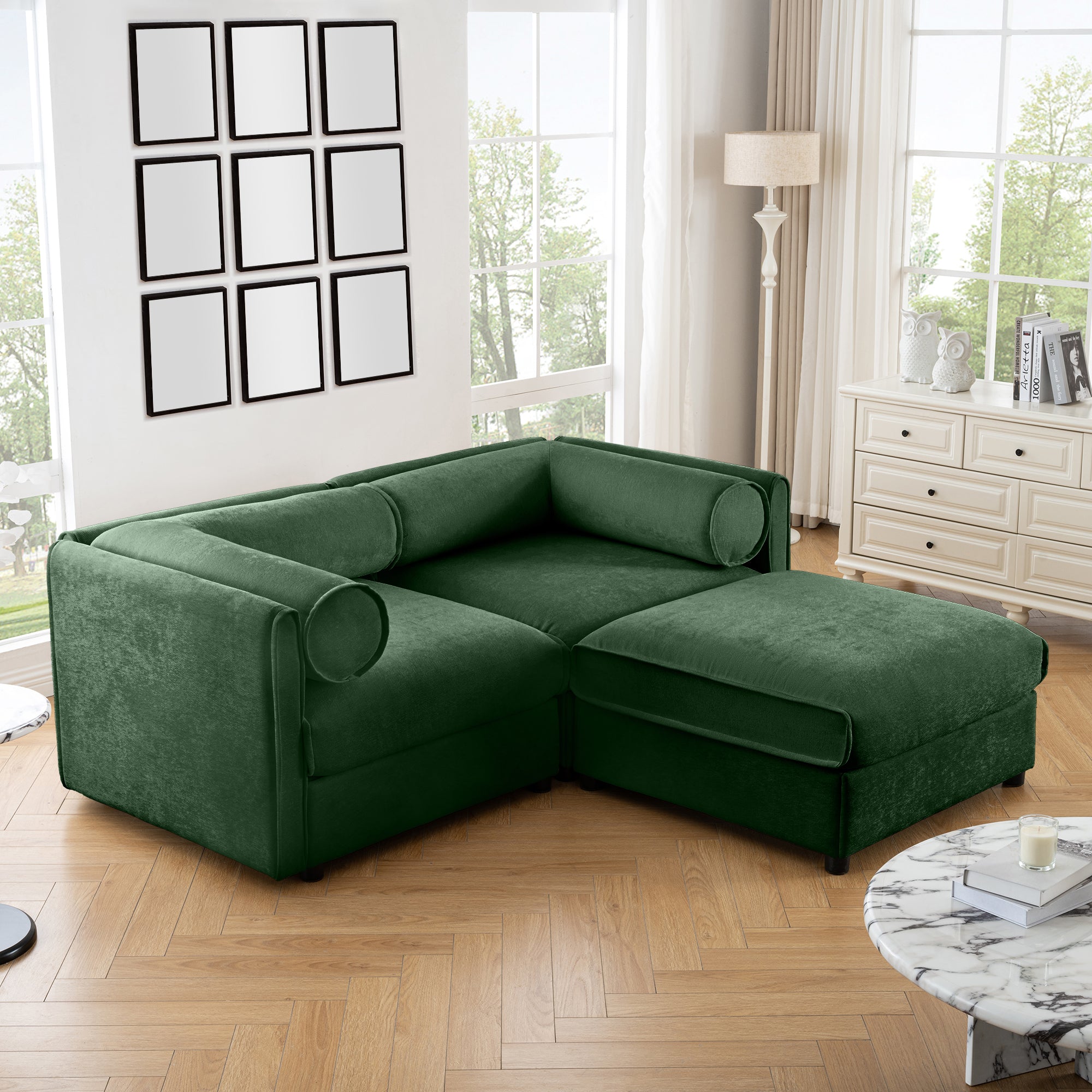 Walker Edison | Modern Green Chenille 2-Seater Loveseat Sofa with Otto
