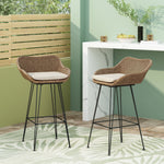 Walker Edison | Outdoor 29.25'' Wicker and Iron Barstool with Cushion (Set of 2) Thumbnail