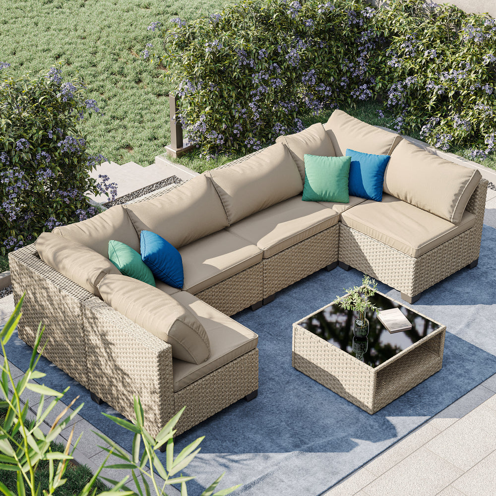Walker Edison Boho Modular 7-Piece Patio Sectional Sofa Set