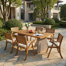 Outdoor 7 Pieces Acacia Wood Dining Set with Handwoven Rattan Legs