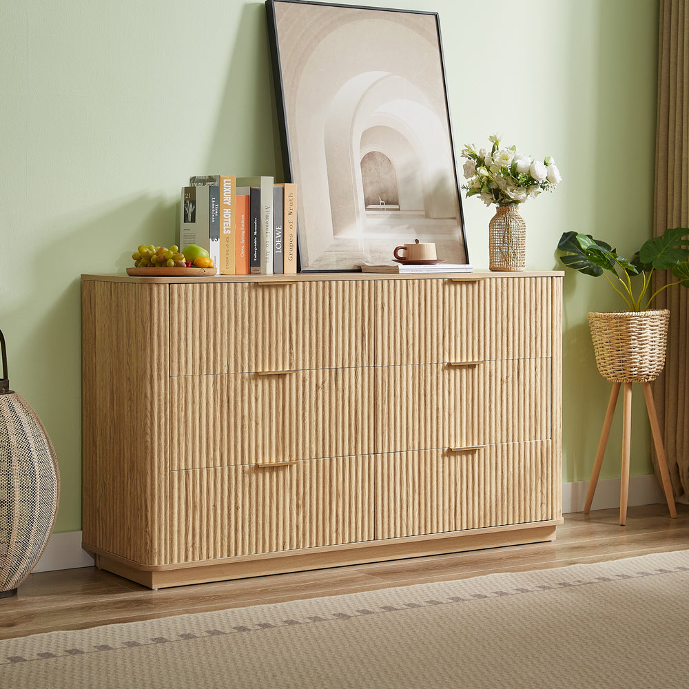 Curved wave Design Fluted 55' Wide Modern 6 Drawers Dresser Natural