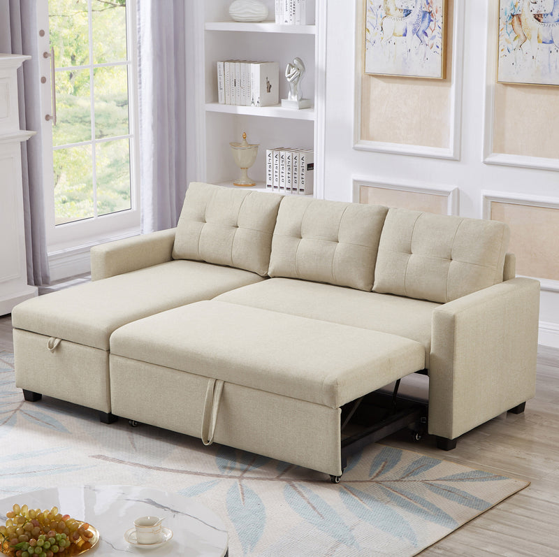 Walker Edison | Linen Pull Out Sectional Sofa with Storage Chaise