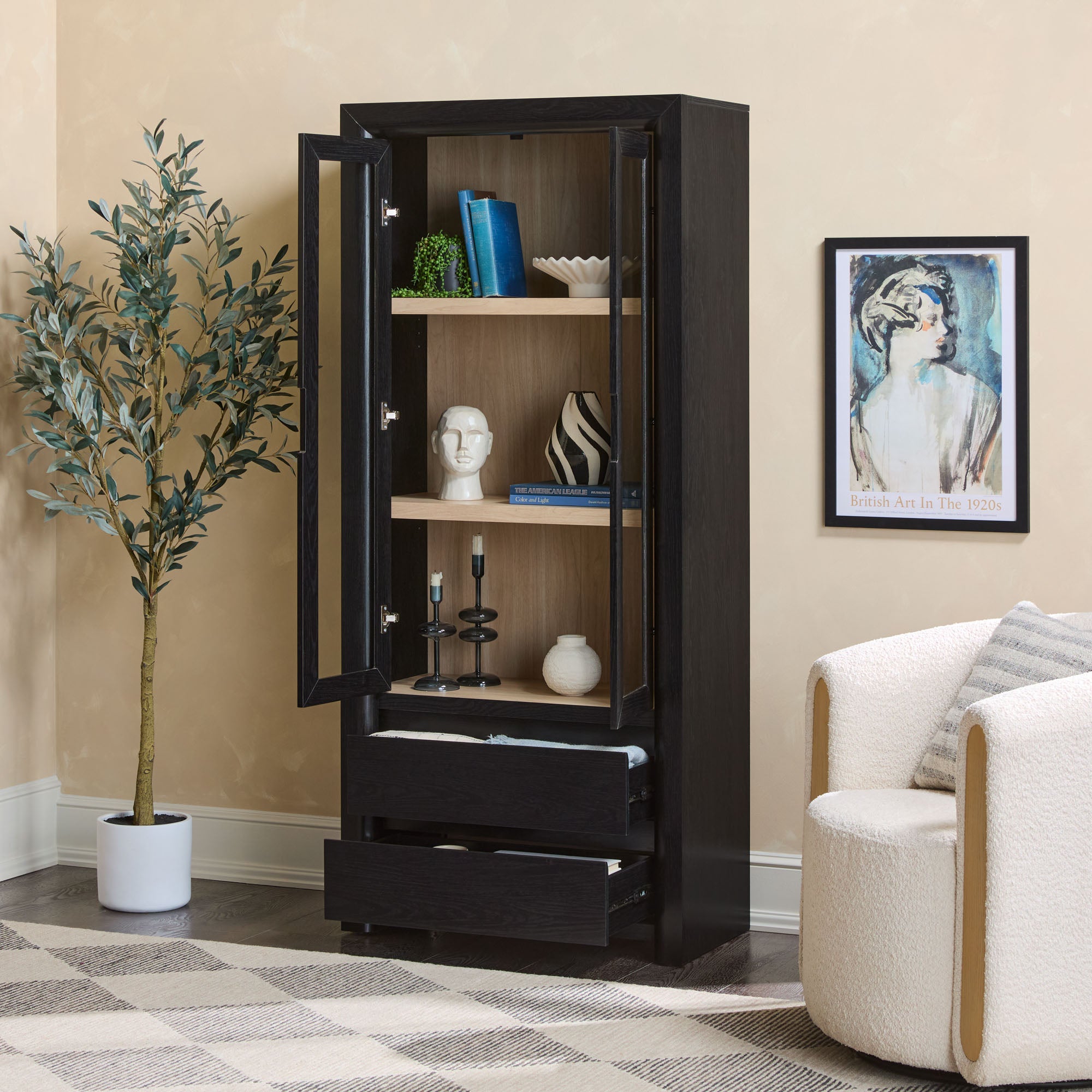 Amira Modern Bookshelf with Glass Doors and Drawers | Walker Edison