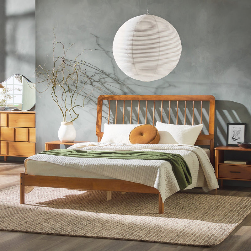 Mid-Century Modern Slatted Solid Wood Queen Bedframe Living Room Walker Edison Caramel 