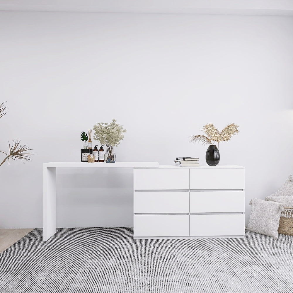 Extendable L-Shape 6 Drawer Dresser & Desk Vanity White