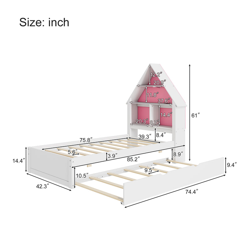 Walker Edison | Twin Size House Shaped Bed with Bookcase Headboard