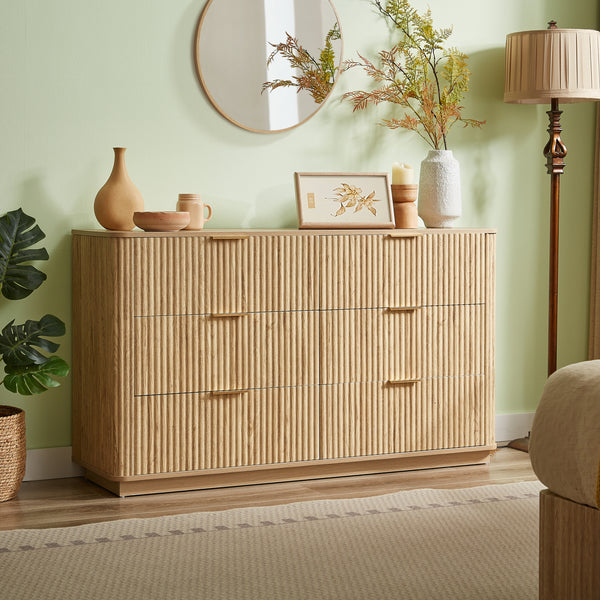 fluted dresser Curved wave Design 55' Wide Modern 6 Drawers Natural Wood Care Color:sage green Vintage Denim Pinafore Dress ai-category-Dress