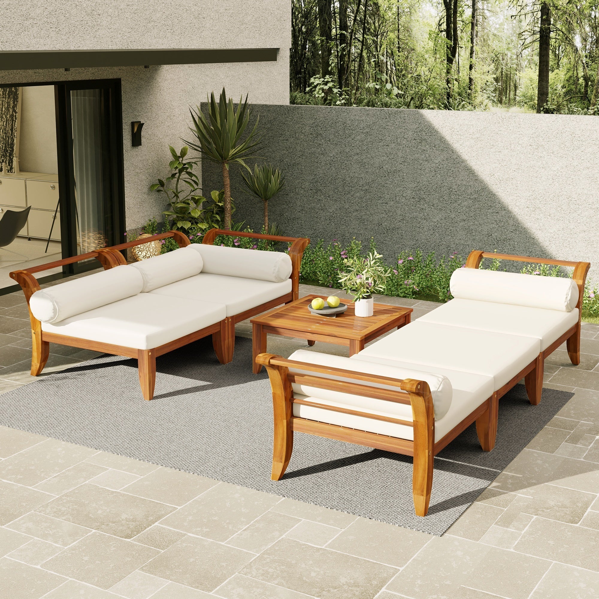 Walker Edison Acacia Wood Outdoor Modular Sectional Sofa - Thumbnail 2