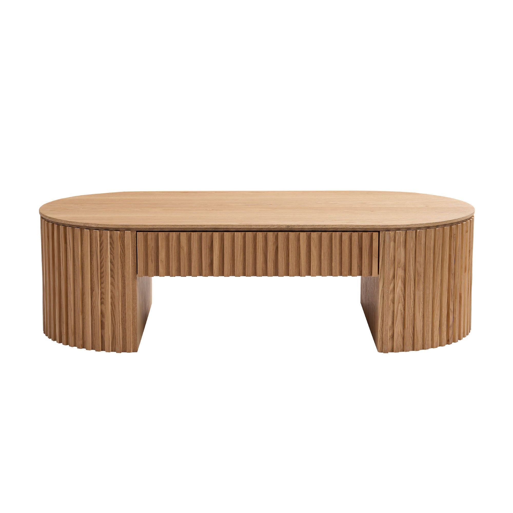 Walker Edison | Reeded Natural Oval Wood Coffee Table With Drawer