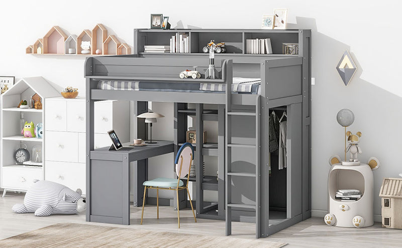 Walker Edison | Wood Twin Size Loft bed with Storage and Wardrobe