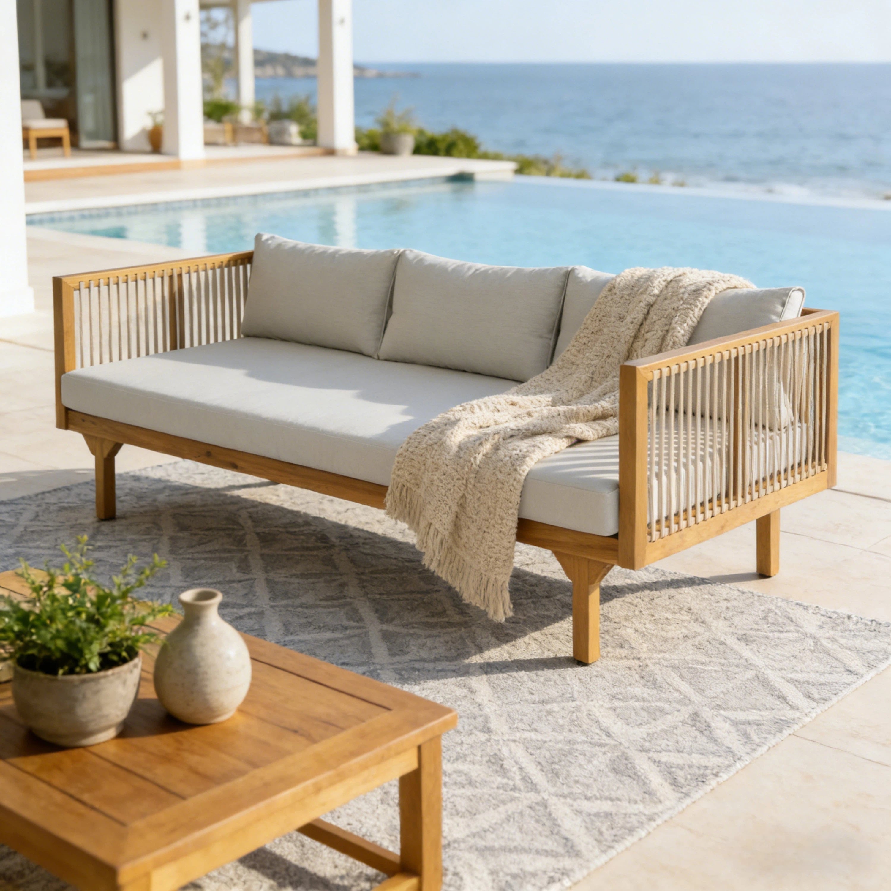 Outdoor Patio Acacia Wood Deep Seat Sofa Daybed | Walker Edison