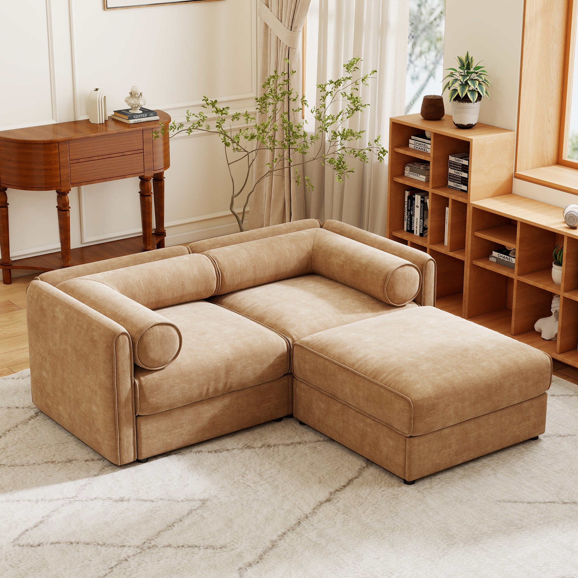 vachement エコファー Walker Edison | Modern Stylish Camel Chenille Loveseat Sofa with Ottom