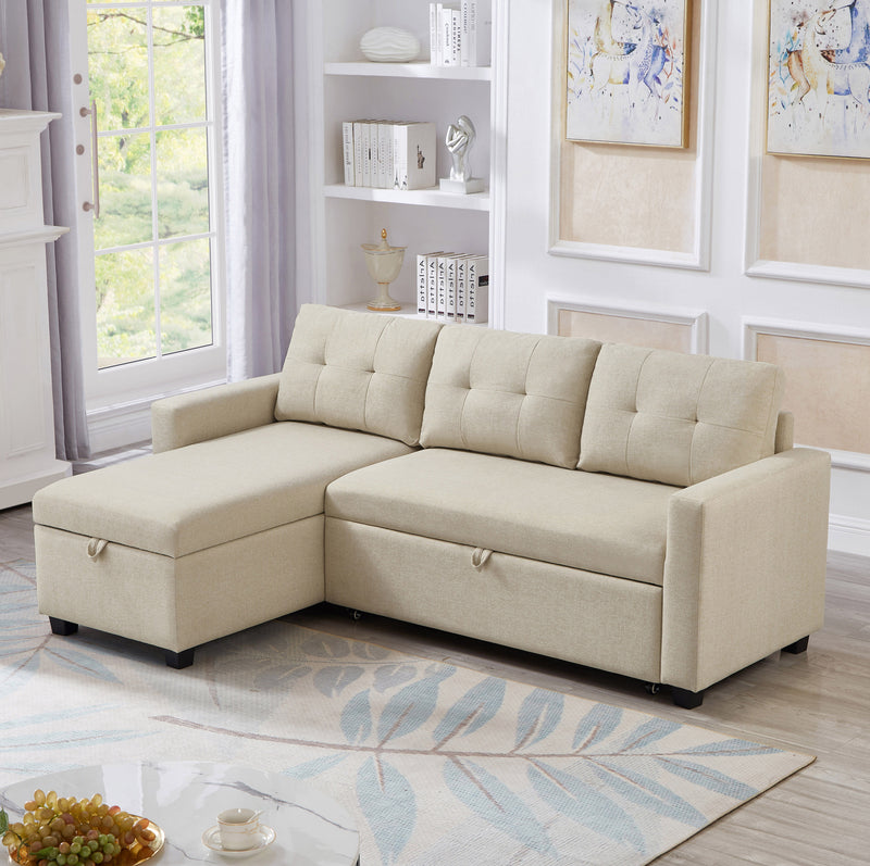 Walker Edison | Linen Pull Out Sectional Sofa with Storage Chaise