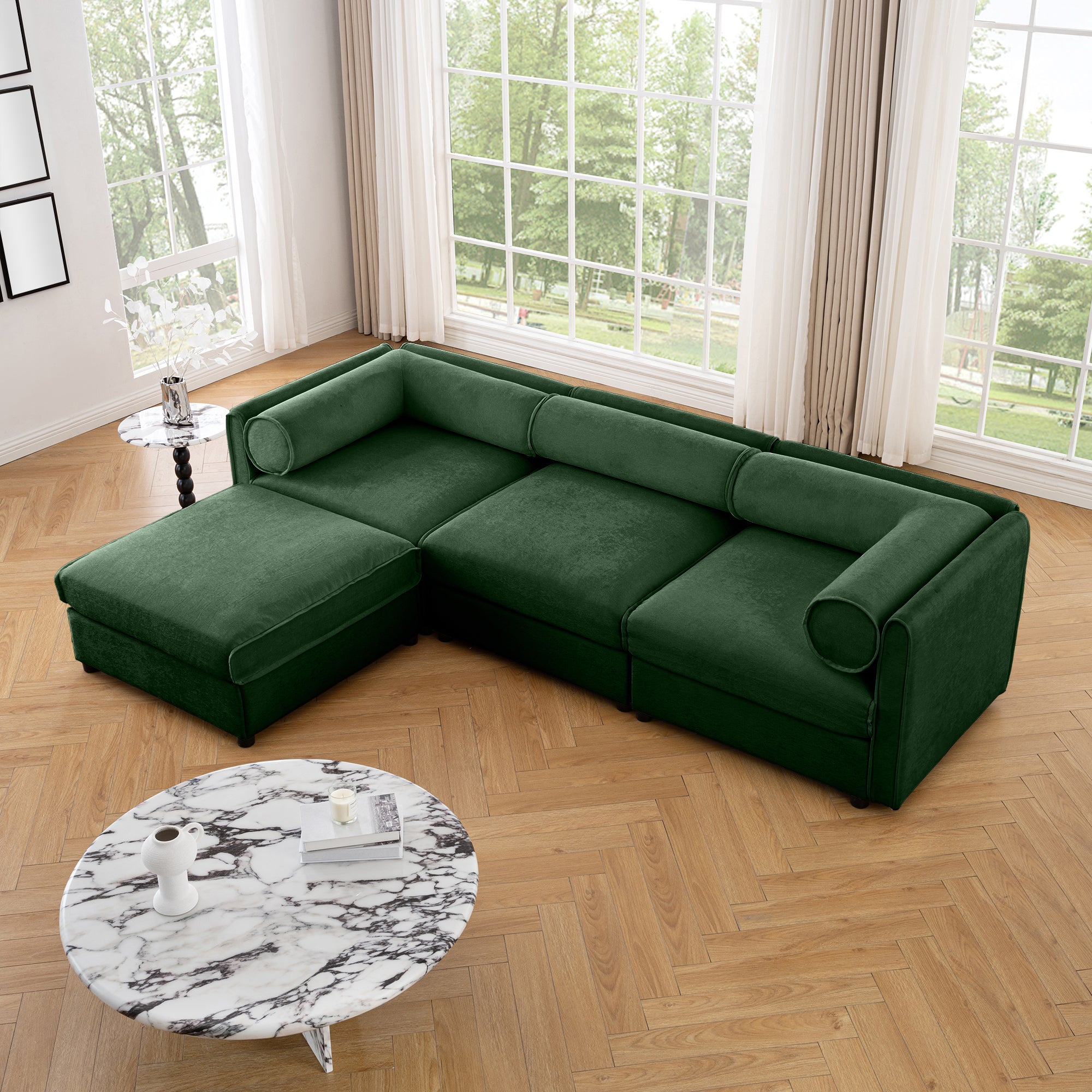 Walker Edison | Elegant L-Shaped Green Chenille Sofa with Storage Seat
