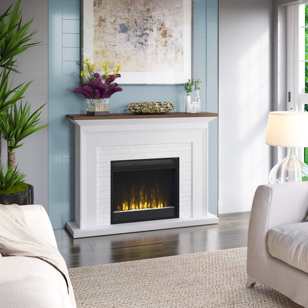 living room with white farmhouse wall mantel with fireplace