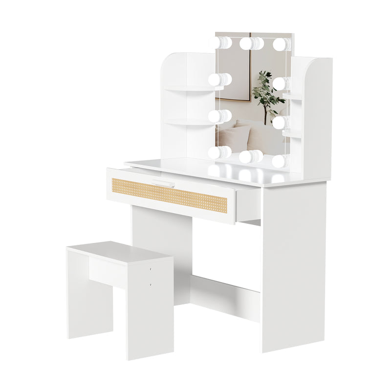 Walker Edison | Rattan Vanity Desk Set with Stool