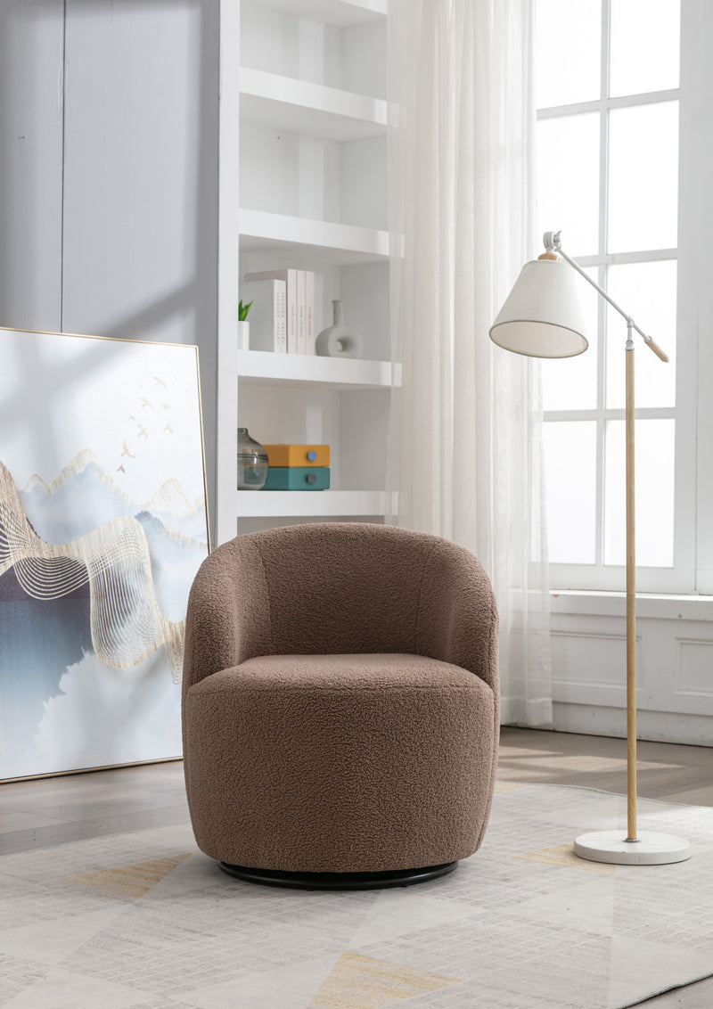 Walker Edison | Teddy Fabric Swivel Accent Armchair Barrel Chair With Black Powder Coating Metal Ring, Coffee Brown