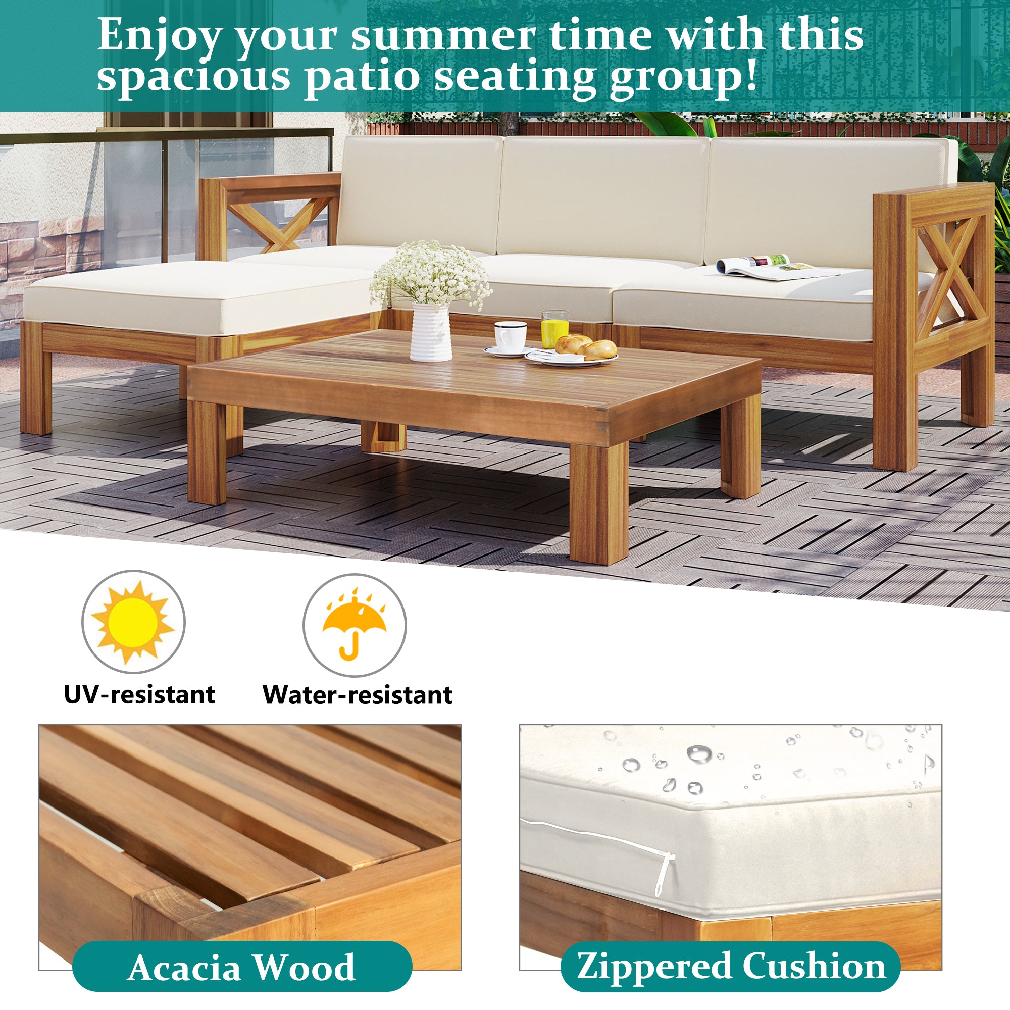 Walker Edison Modular Wood Outdoor Patio Sectional Sofa - Thumbnail 4