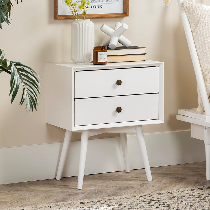 Mid-Century Solid Wood Nightstand Collection (1 or 2 Drawer) Bedroom Walker Edison 2 Drawer White 