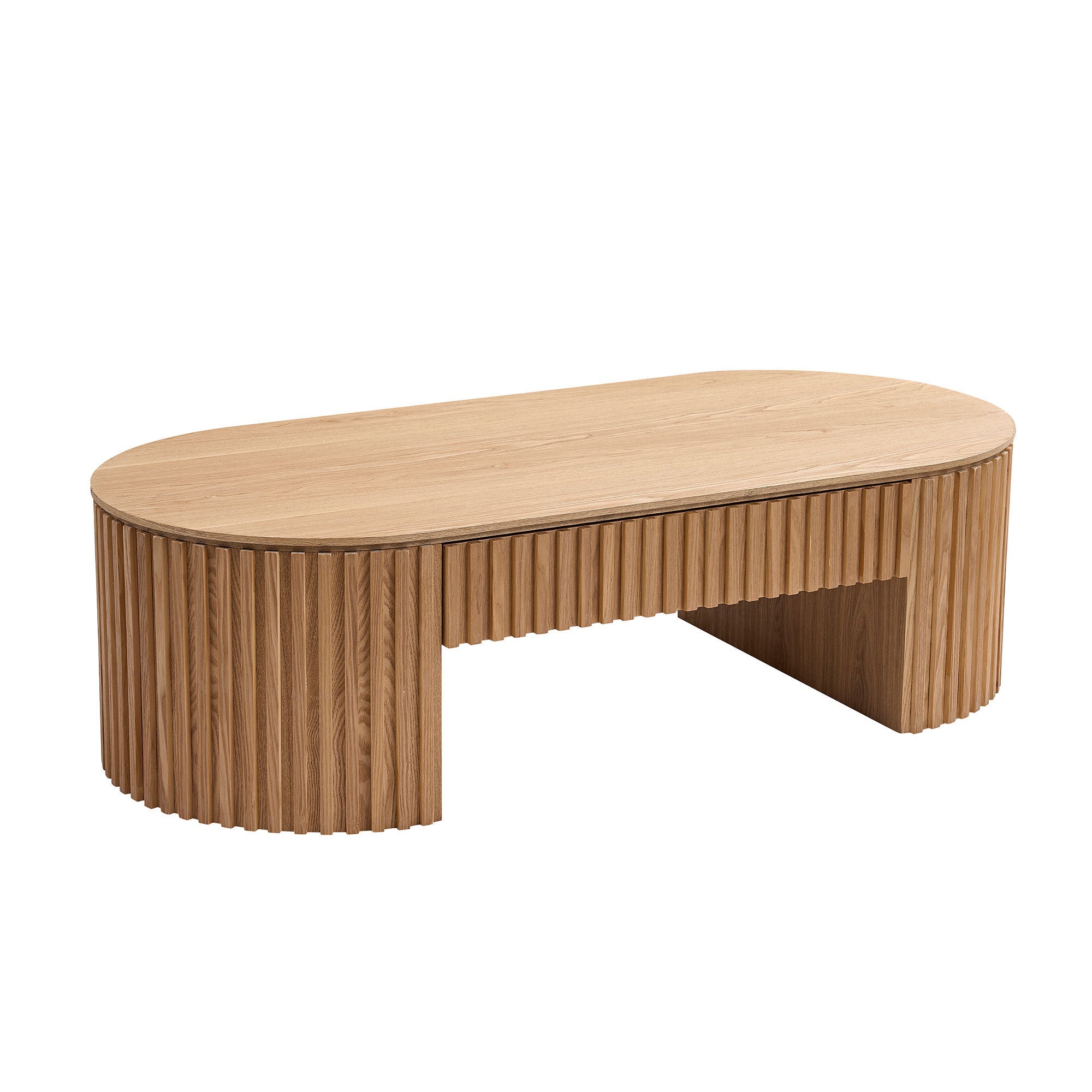 Walker Edison | Reeded Natural Oval Wood Coffee Table With Drawer
